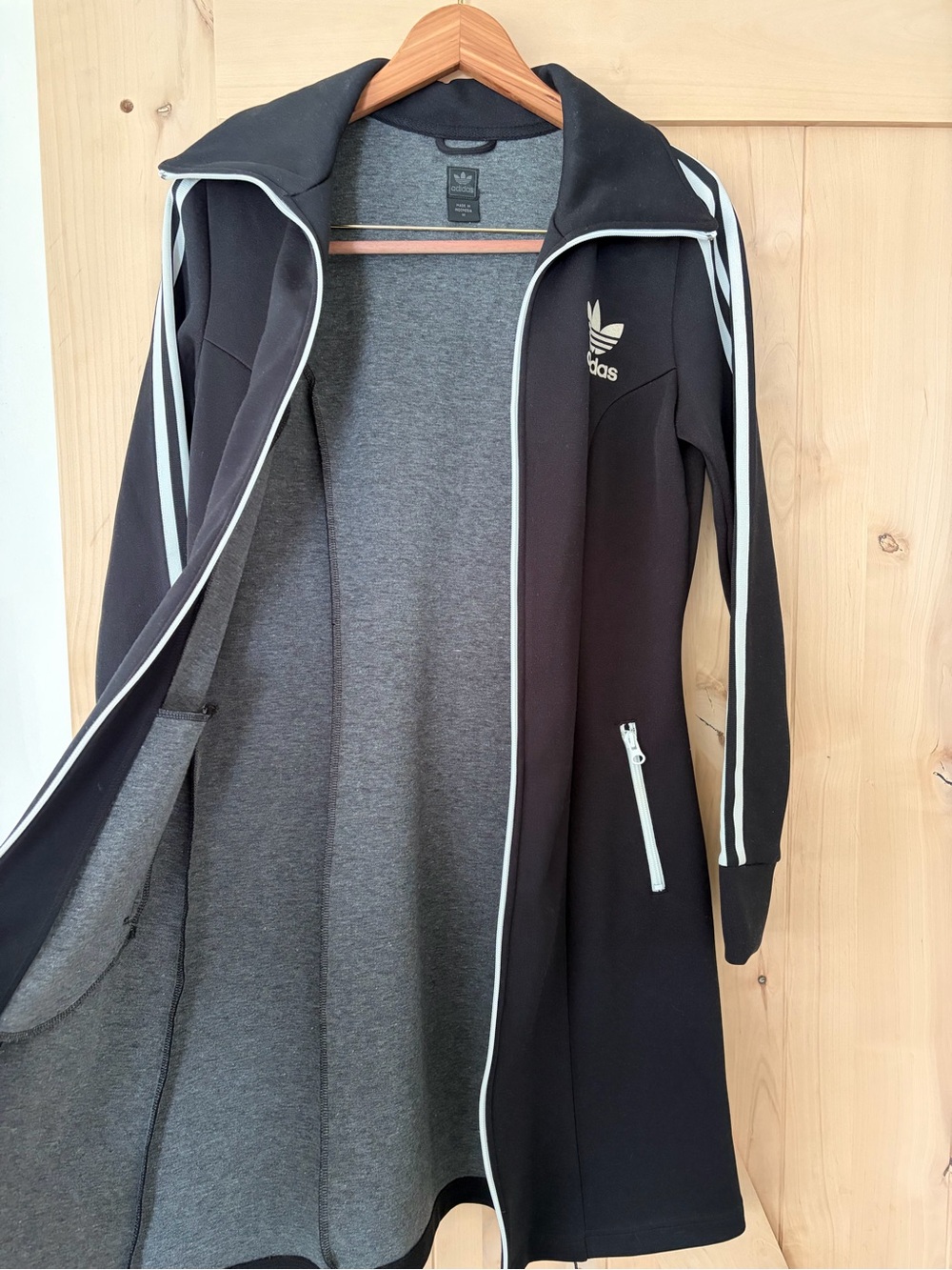 Vintage adidas Women's Black Track Jacket Dress with White Stripes. - Picture 5 of 5